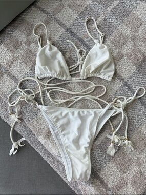 Women’s white wrap string bikini with gold accents - S